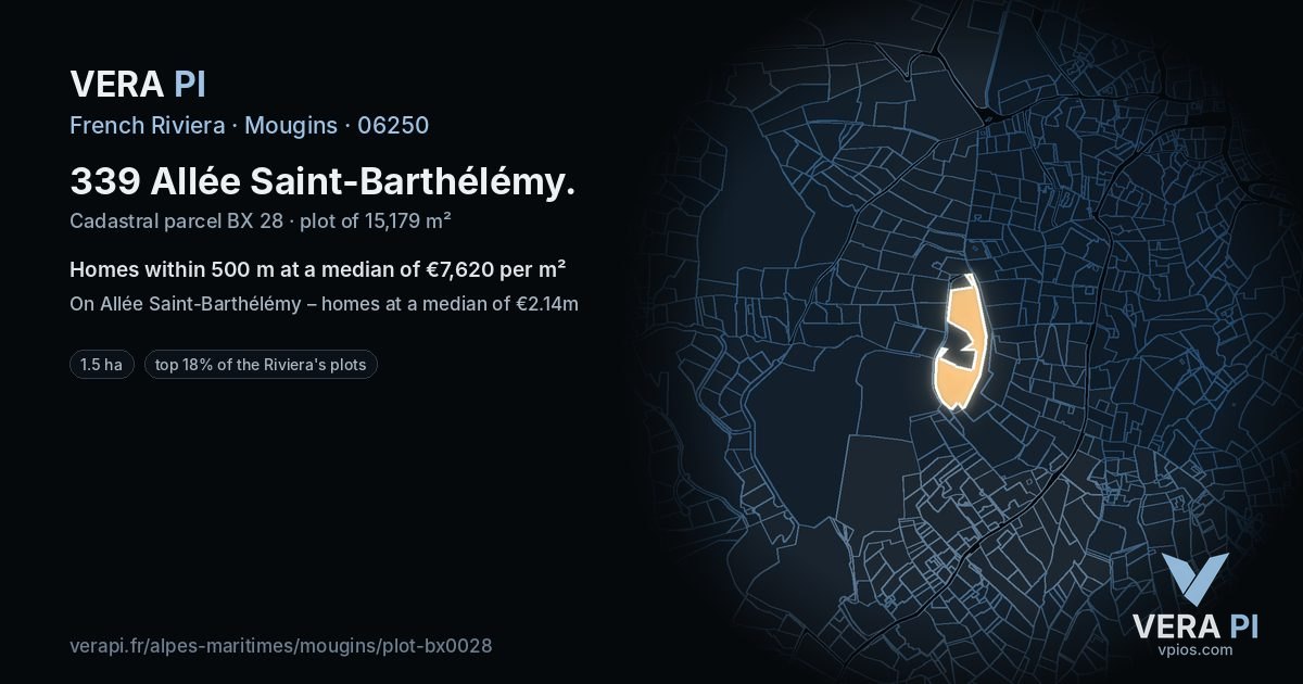 339 Allée Saint-Barthélémy, Mougins at night – the plot lit, the parcels around coloured by the prices near them