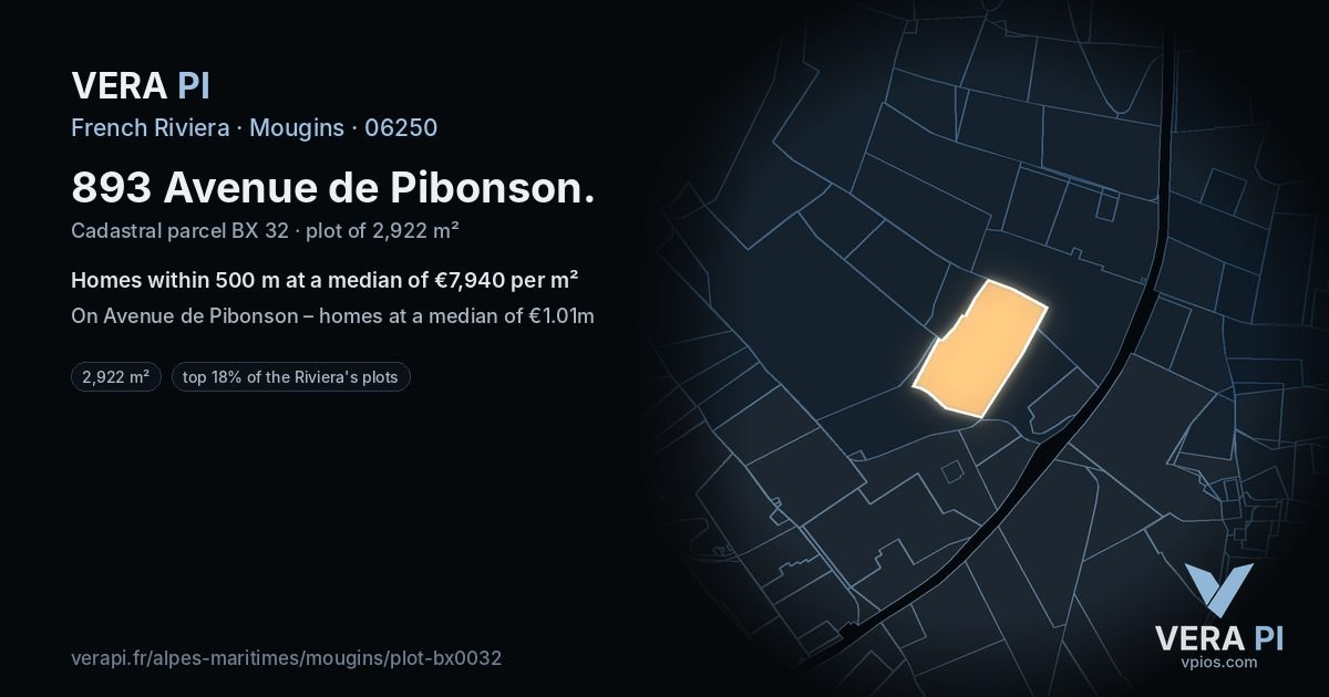 893 Avenue de Pibonson, Mougins at night – the plot lit, the parcels around coloured by the prices near them