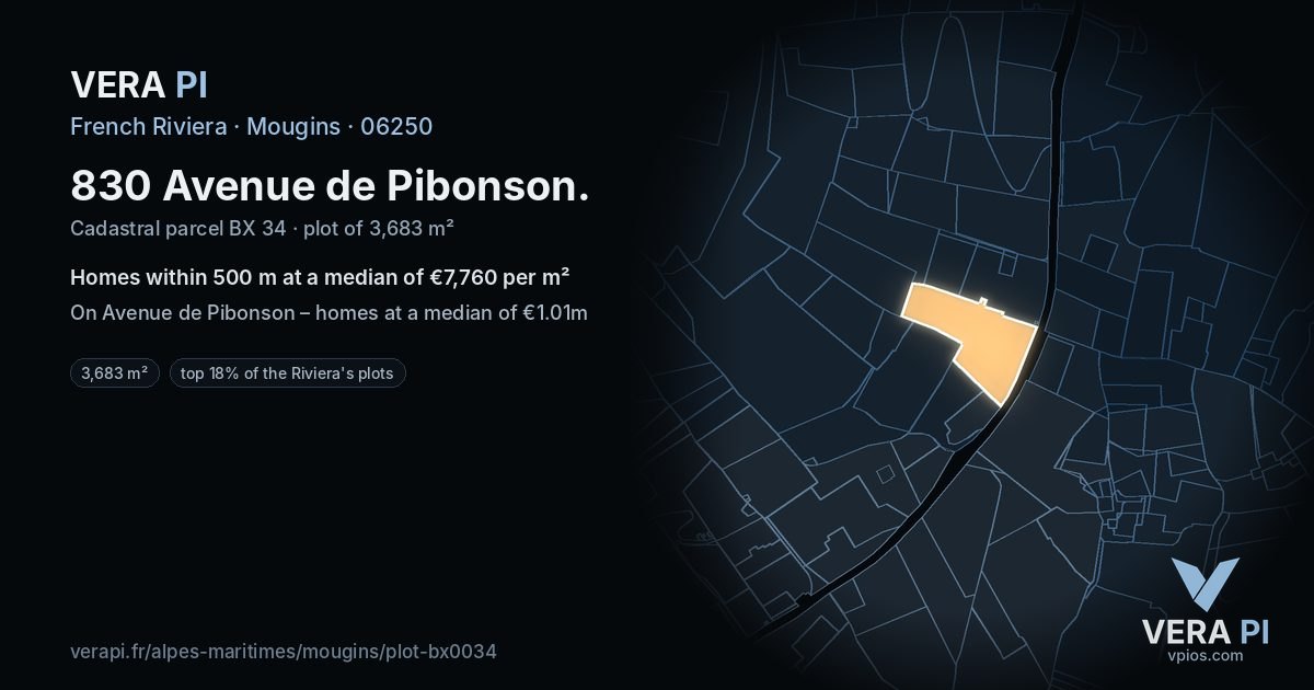 830 Avenue de Pibonson, Mougins at night – the plot lit, the parcels around coloured by the prices near them