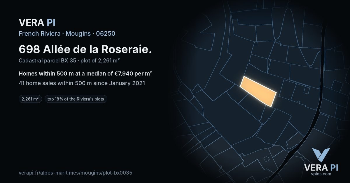698 Allée de la Roseraie, Mougins at night – the plot lit, the parcels around coloured by the prices near them