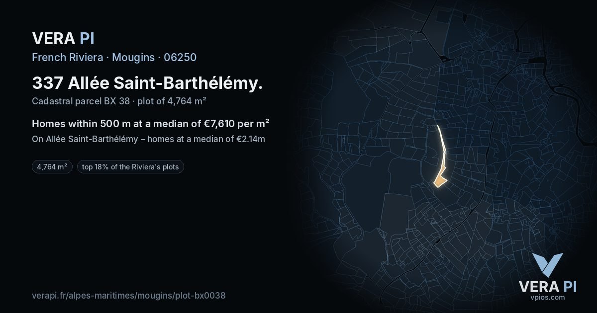 337 Allée Saint-Barthélémy, Mougins at night – the plot lit, the parcels around coloured by the prices near them