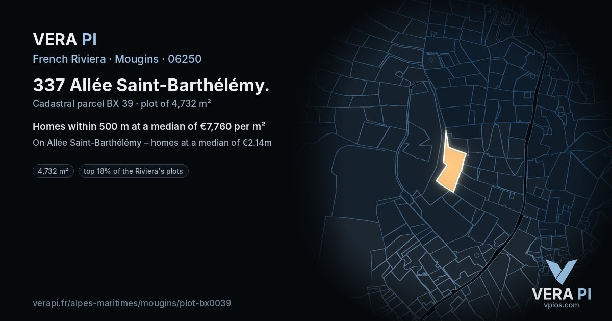 337 Allée Saint-Barthélémy, Mougins at night – the plot lit, the parcels around coloured by the prices near them