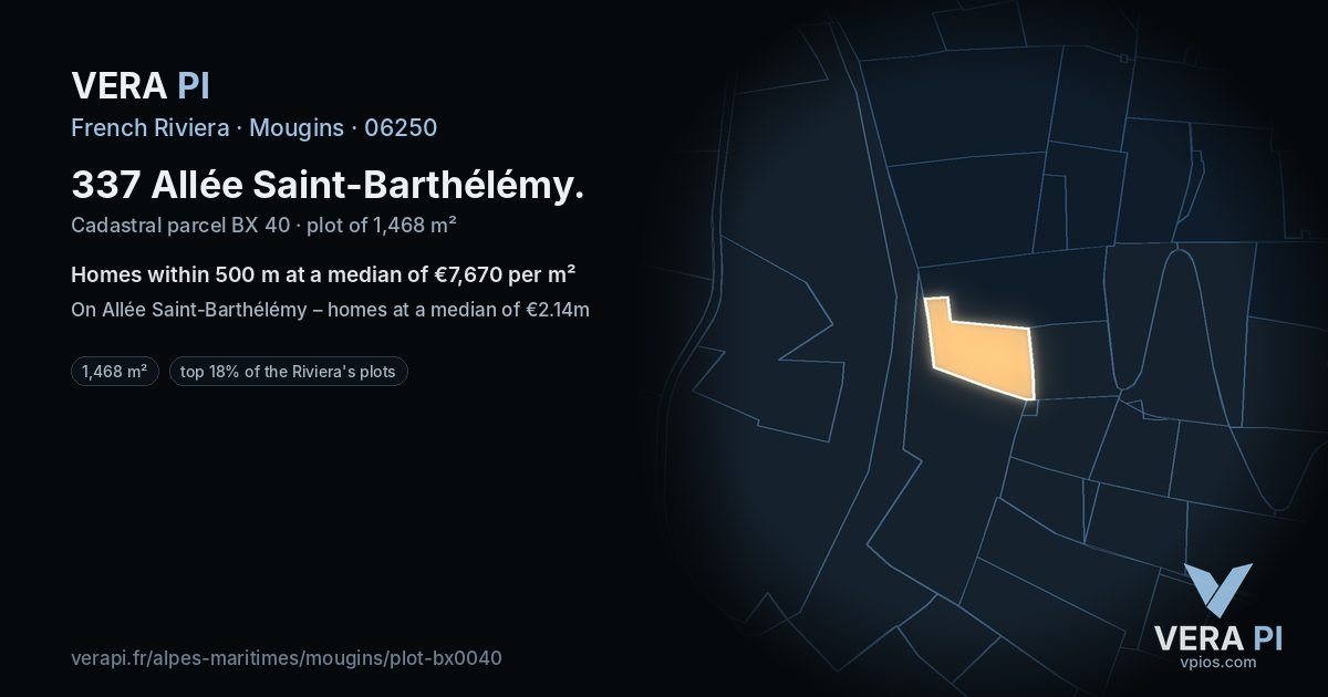 337 Allée Saint-Barthélémy, Mougins at night – the plot lit, the parcels around coloured by the prices near them
