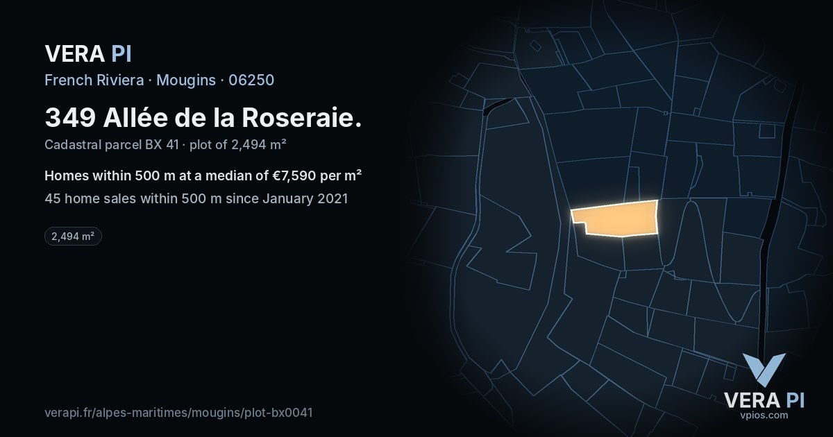 349 Allée de la Roseraie, Mougins at night – the plot lit, the parcels around coloured by the prices near them