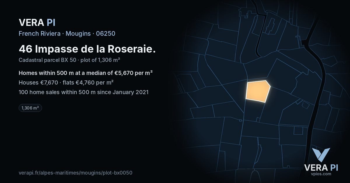 46 Impasse de la Roseraie, Mougins at night – the plot lit, the parcels around coloured by the prices near them
