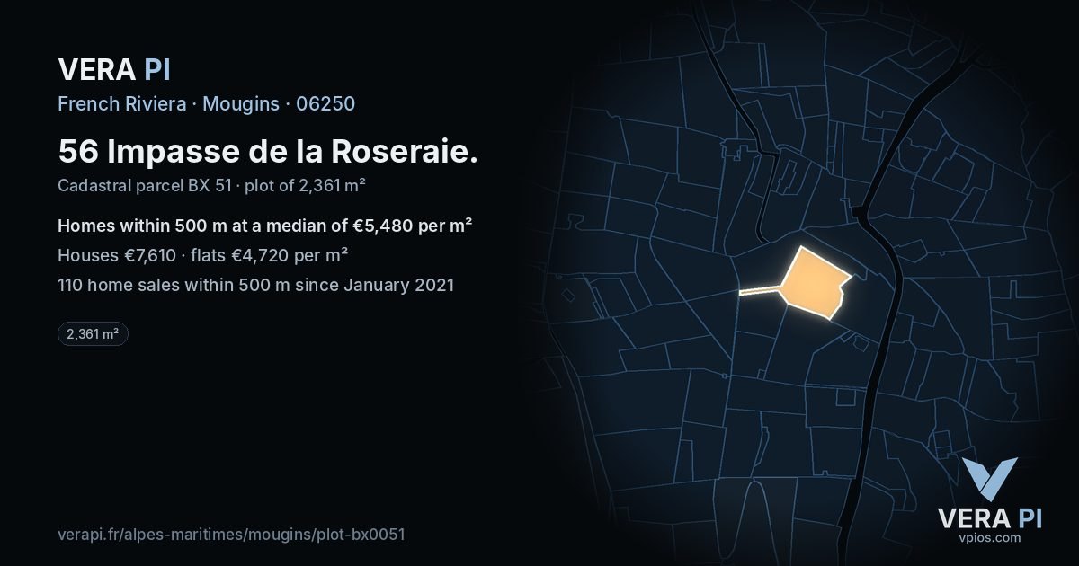 56 Impasse de la Roseraie, Mougins at night – the plot lit, the parcels around coloured by the prices near them