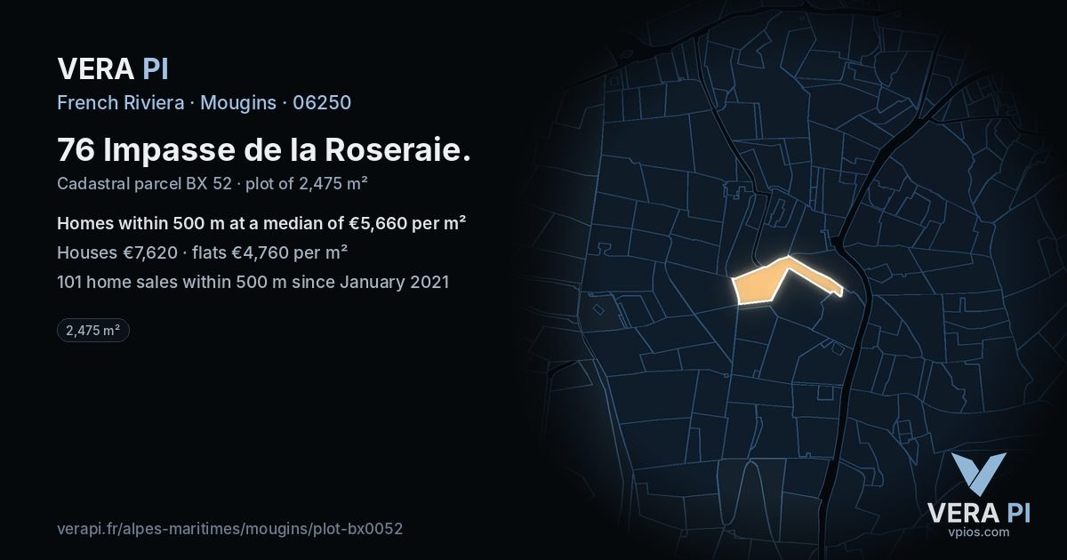 76 Impasse de la Roseraie, Mougins at night – the plot lit, the parcels around coloured by the prices near them