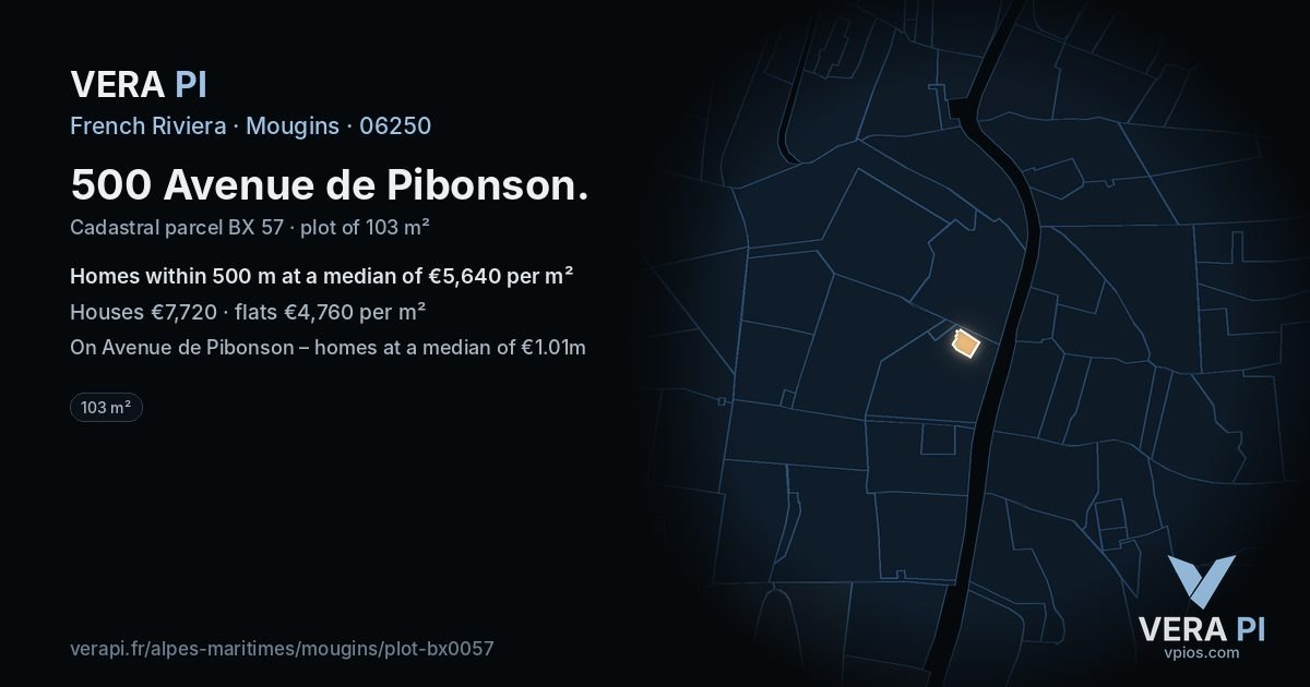 500 Avenue de Pibonson, Mougins at night – the plot lit, the parcels around coloured by the prices near them