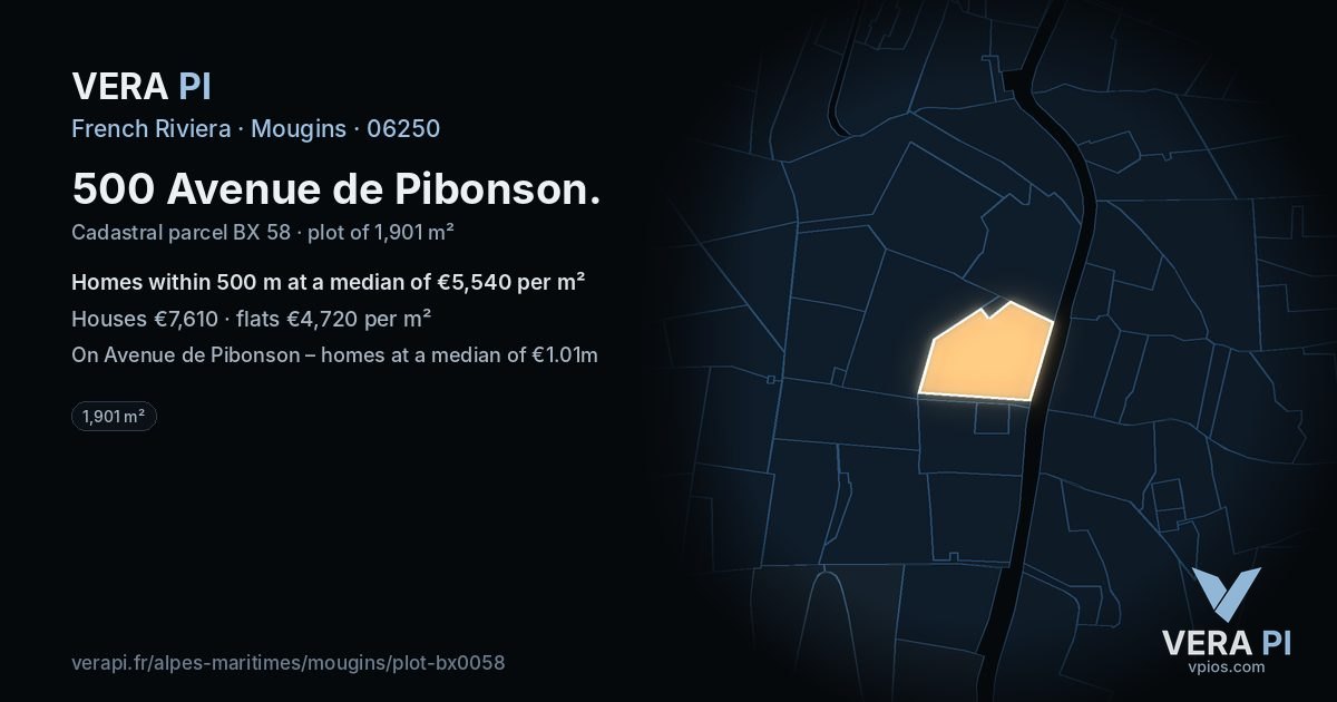 500 Avenue de Pibonson, Mougins at night – the plot lit, the parcels around coloured by the prices near them