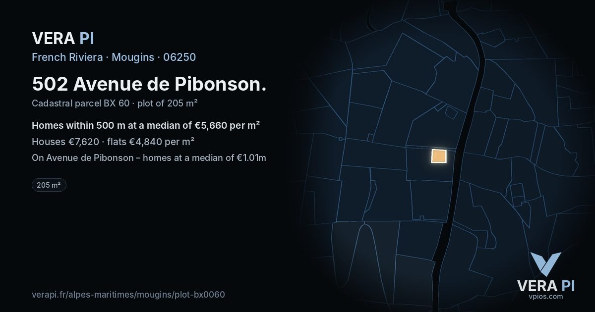 502 Avenue de Pibonson, Mougins at night – the plot lit, the parcels around coloured by the prices near them
