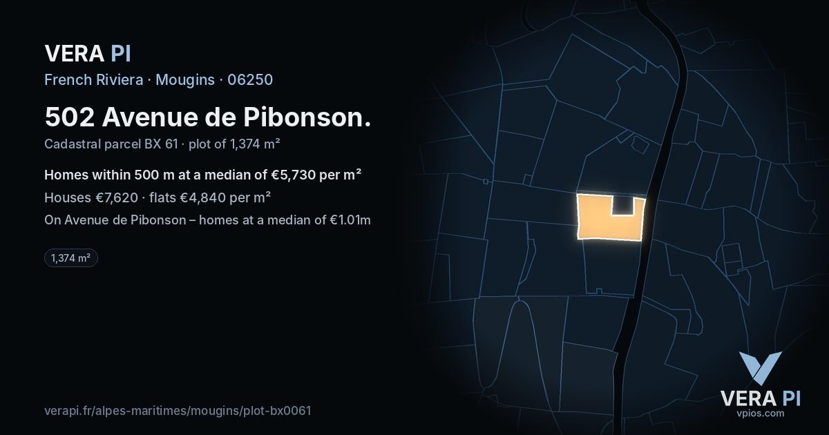 502 Avenue de Pibonson, Mougins at night – the plot lit, the parcels around coloured by the prices near them