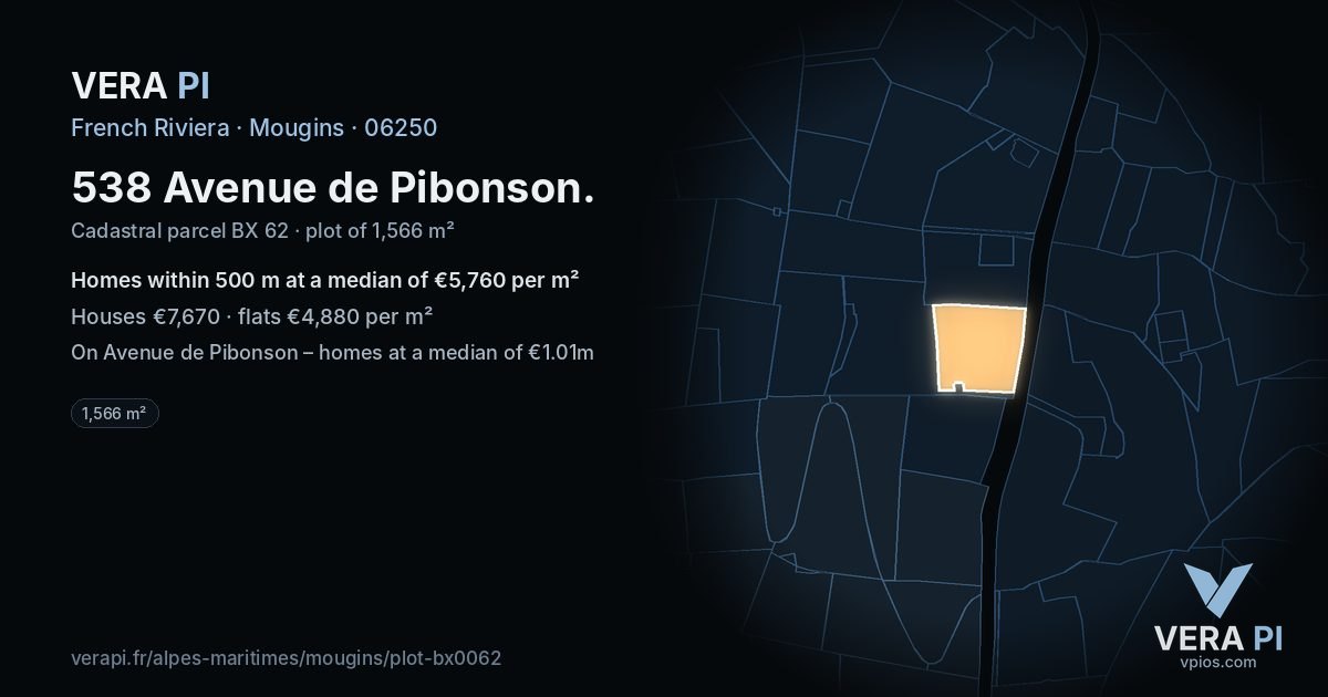 538 Avenue de Pibonson, Mougins at night – the plot lit, the parcels around coloured by the prices near them