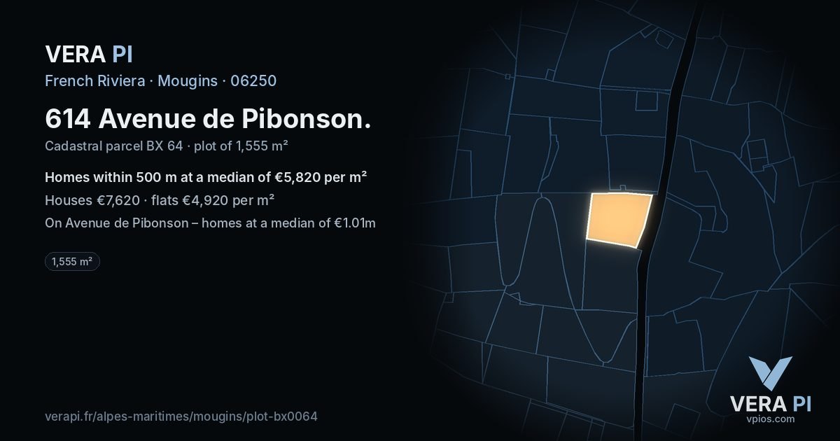 614 Avenue de Pibonson, Mougins at night – the plot lit, the parcels around coloured by the prices near them