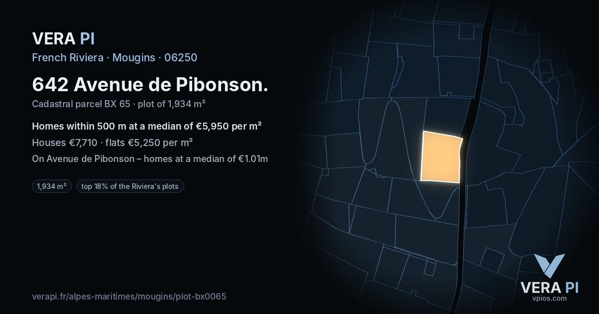 642 Avenue de Pibonson, Mougins at night – the plot lit, the parcels around coloured by the prices near them