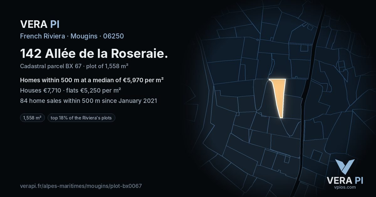142 Allée de la Roseraie, Mougins at night – the plot lit, the parcels around coloured by the prices near them