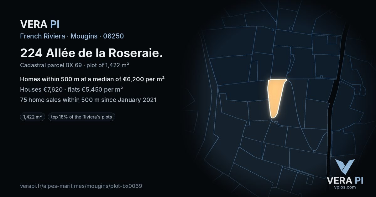 224 Allée de la Roseraie, Mougins at night – the plot lit, the parcels around coloured by the prices near them