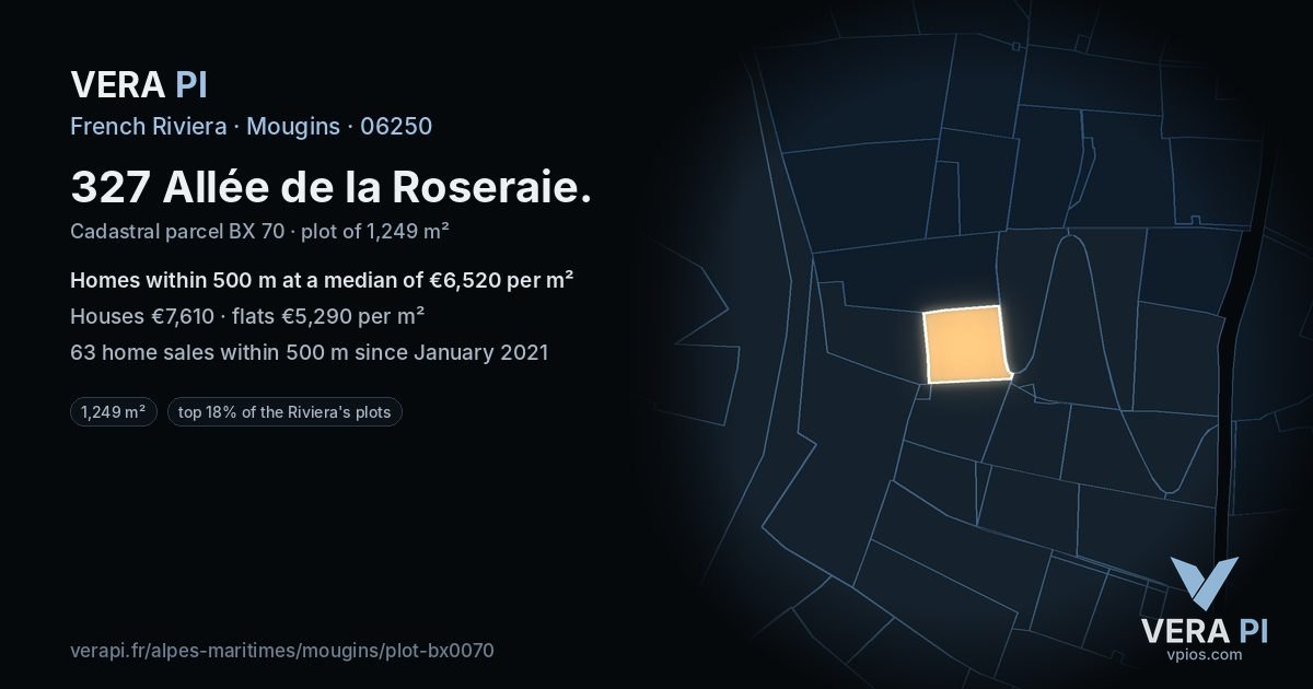 327 Allée de la Roseraie, Mougins at night – the plot lit, the parcels around coloured by the prices near them