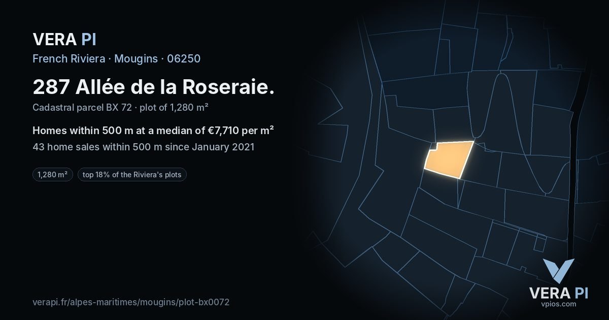 287 Allée de la Roseraie, Mougins at night – the plot lit, the parcels around coloured by the prices near them
