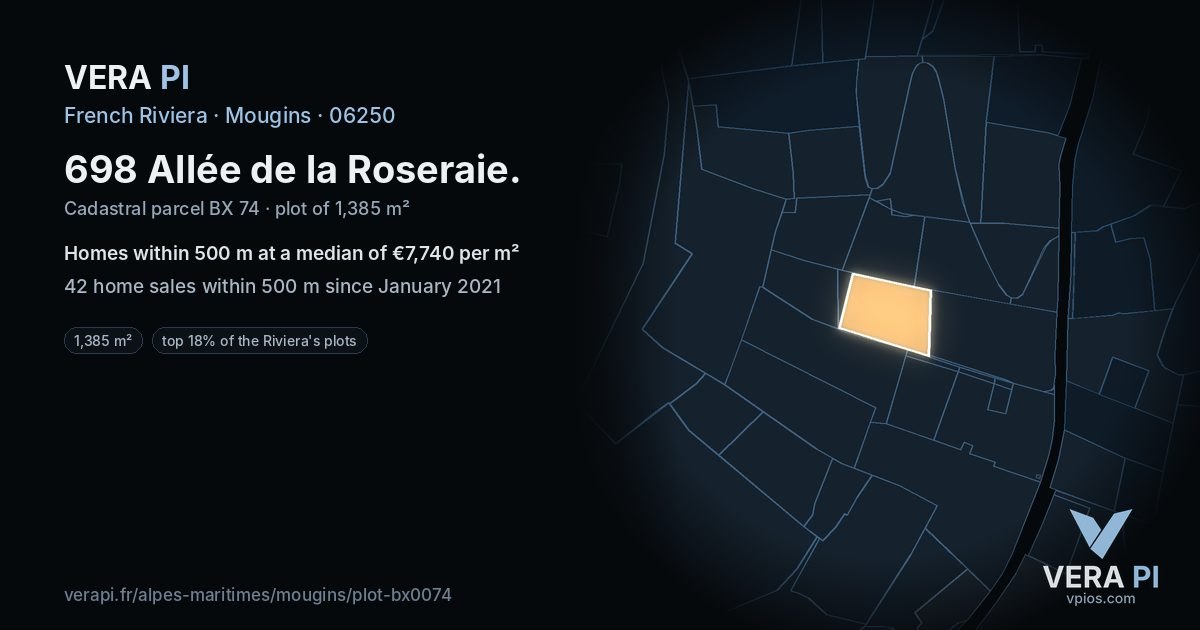 698 Allée de la Roseraie, Mougins at night – the plot lit, the parcels around coloured by the prices near them
