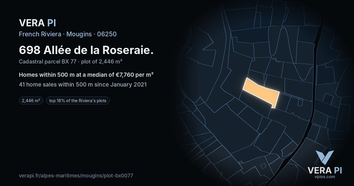 698 Allée de la Roseraie, Mougins at night – the plot lit, the parcels around coloured by the prices near them