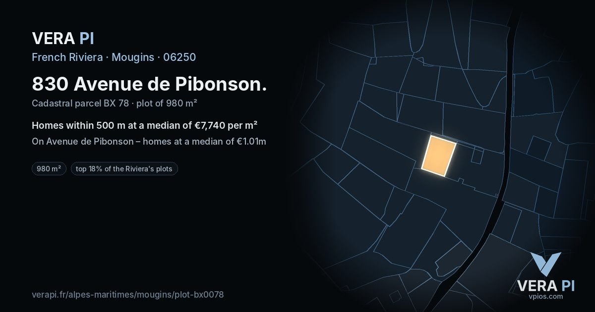 830 Avenue de Pibonson, Mougins at night – the plot lit, the parcels around coloured by the prices near them