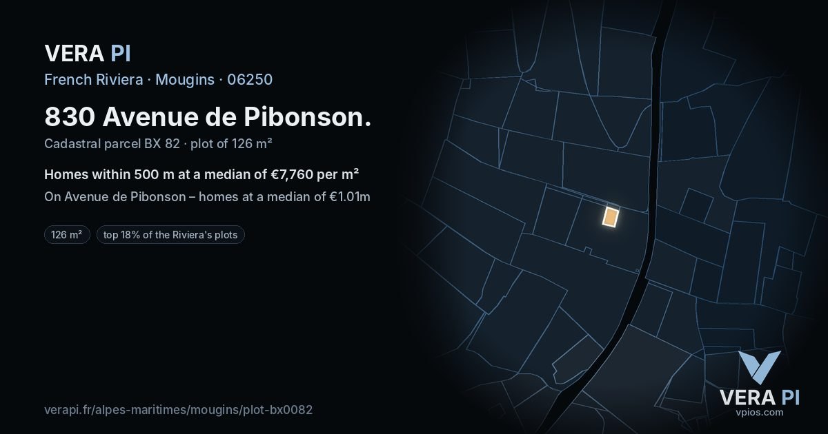 830 Avenue de Pibonson, Mougins at night – the plot lit, the parcels around coloured by the prices near them