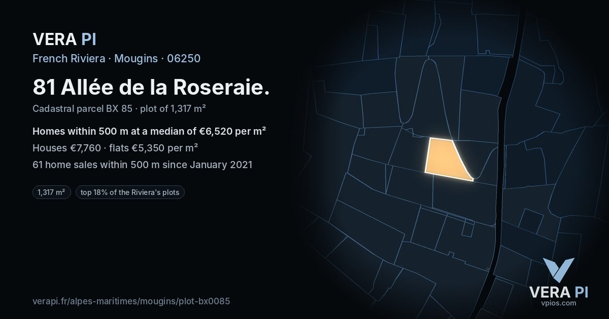 81 Allée de la Roseraie, Mougins at night – the plot lit, the parcels around coloured by the prices near them