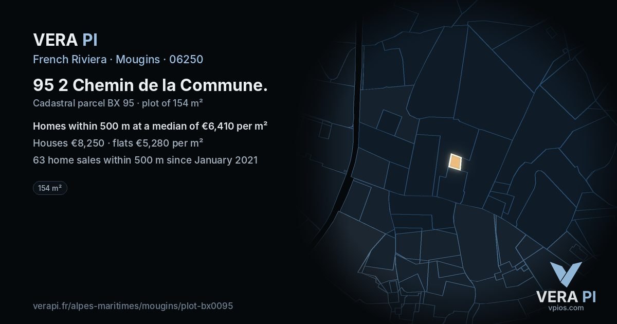 95 2 Chemin de la Commune, Mougins at night – the plot lit, the parcels around coloured by the prices near them