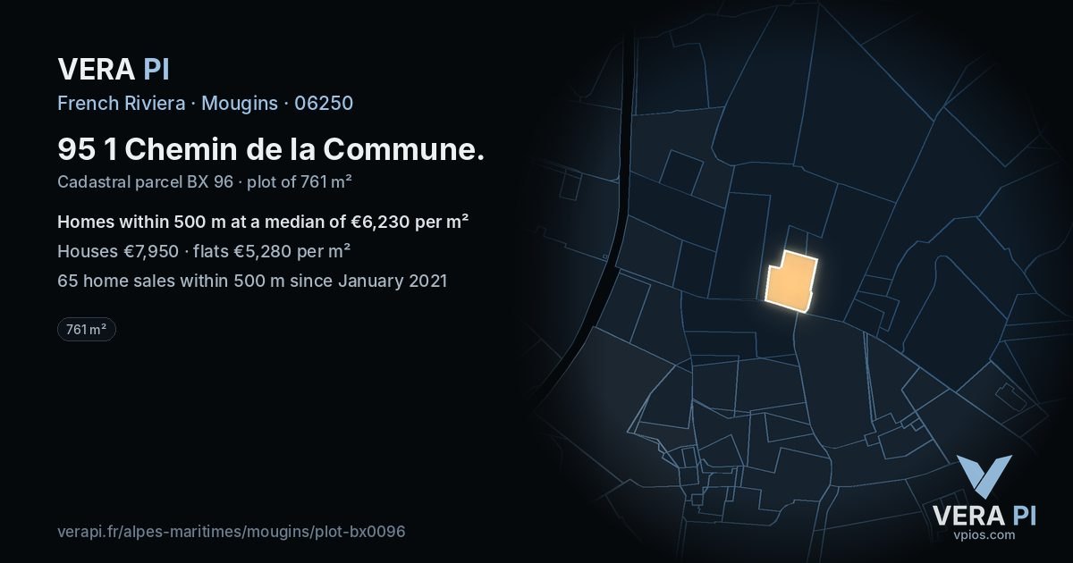 95 1 Chemin de la Commune, Mougins at night – the plot lit, the parcels around coloured by the prices near them