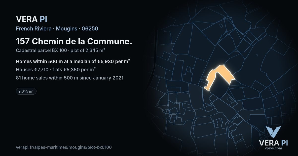 157 Chemin de la Commune, Mougins at night – the plot lit, the parcels around coloured by the prices near them