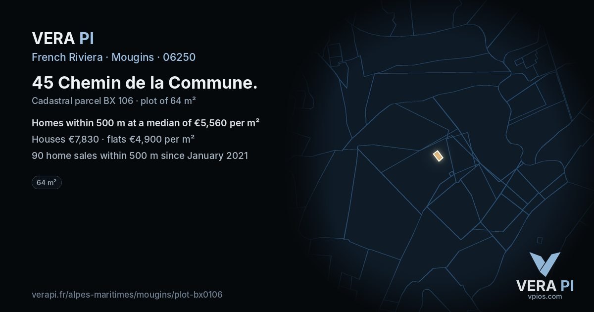 45 Chemin de la Commune, Mougins at night – the plot lit, the parcels around coloured by the prices near them