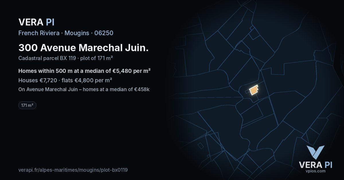 300 Avenue Marechal Juin, Mougins at night – the plot lit, the parcels around coloured by the prices near them