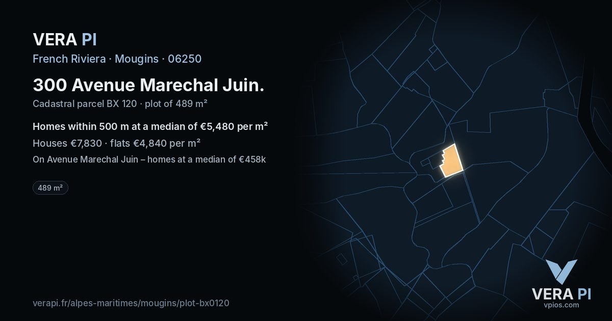 300 Avenue Marechal Juin, Mougins at night – the plot lit, the parcels around coloured by the prices near them