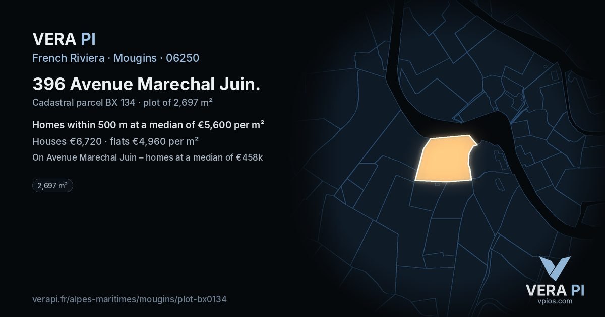 396 Avenue Marechal Juin, Mougins at night – the plot lit, the parcels around coloured by the prices near them