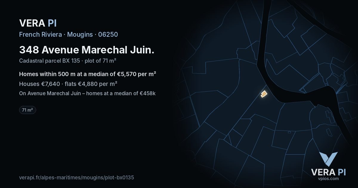 348 Avenue Marechal Juin, Mougins at night – the plot lit, the parcels around coloured by the prices near them
