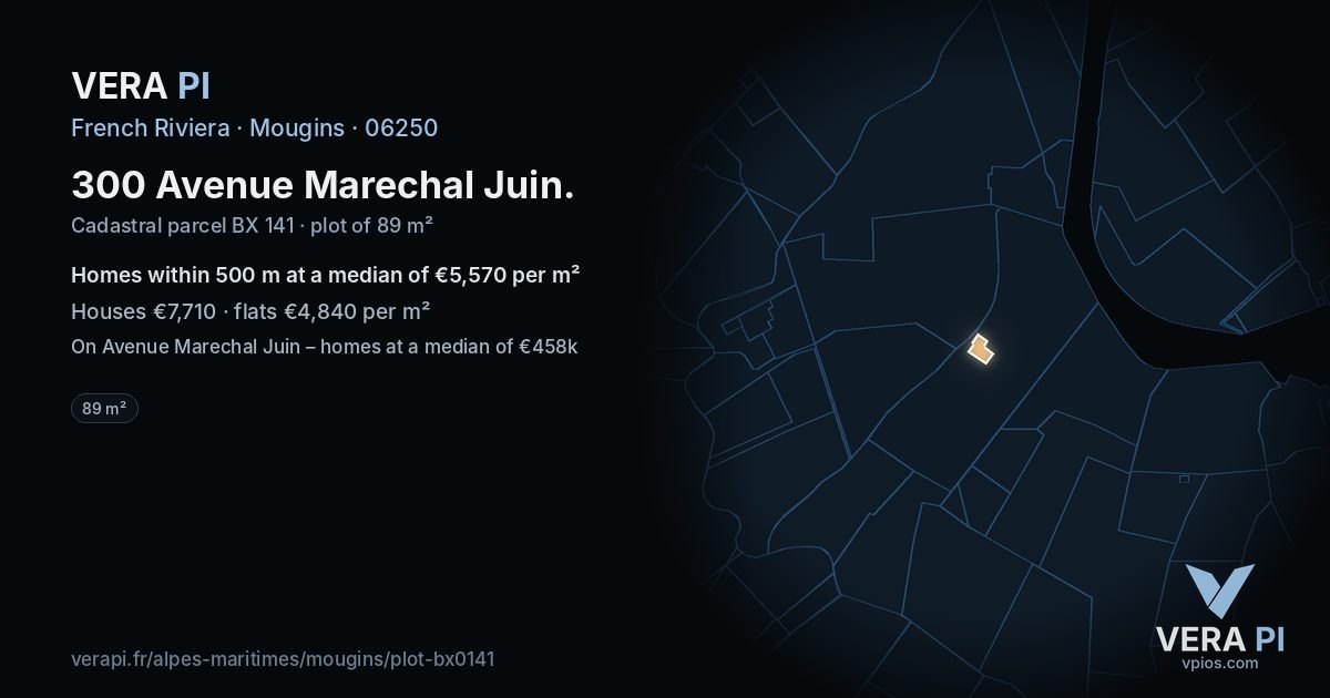 300 Avenue Marechal Juin, Mougins at night – the plot lit, the parcels around coloured by the prices near them