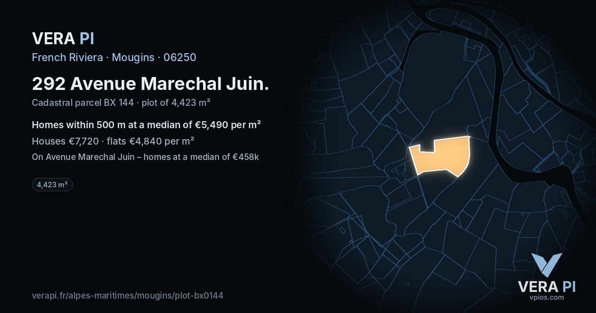292 Avenue Marechal Juin, Mougins at night – the plot lit, the parcels around coloured by the prices near them