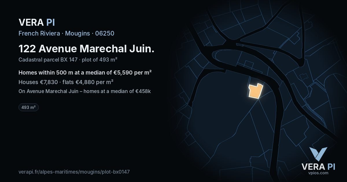122 Avenue Marechal Juin, Mougins at night – the plot lit, the parcels around coloured by the prices near them
