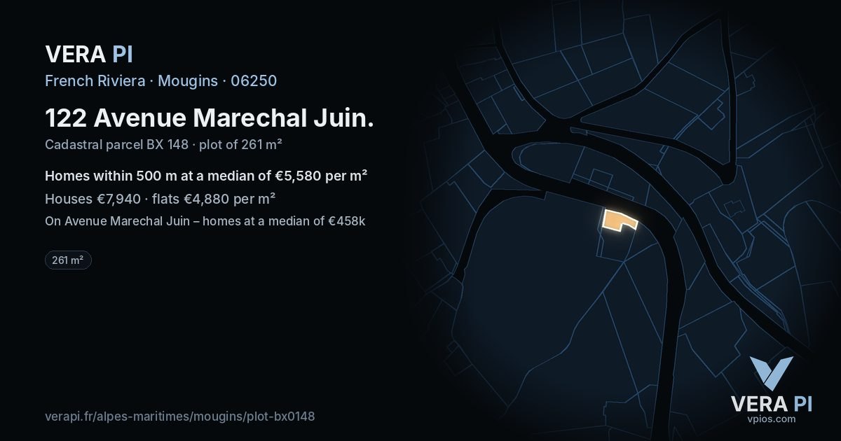 122 Avenue Marechal Juin, Mougins at night – the plot lit, the parcels around coloured by the prices near them