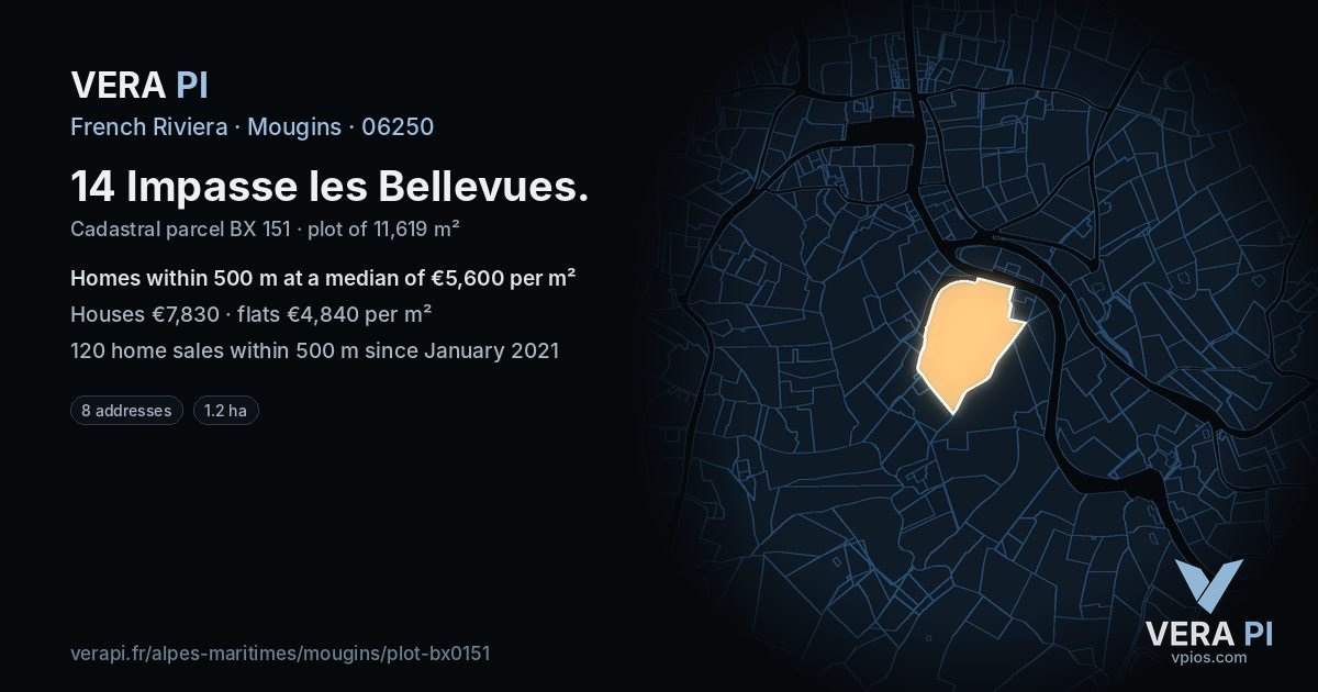 14 Impasse les Bellevues, Mougins at night – the plot lit, the parcels around coloured by the prices near them