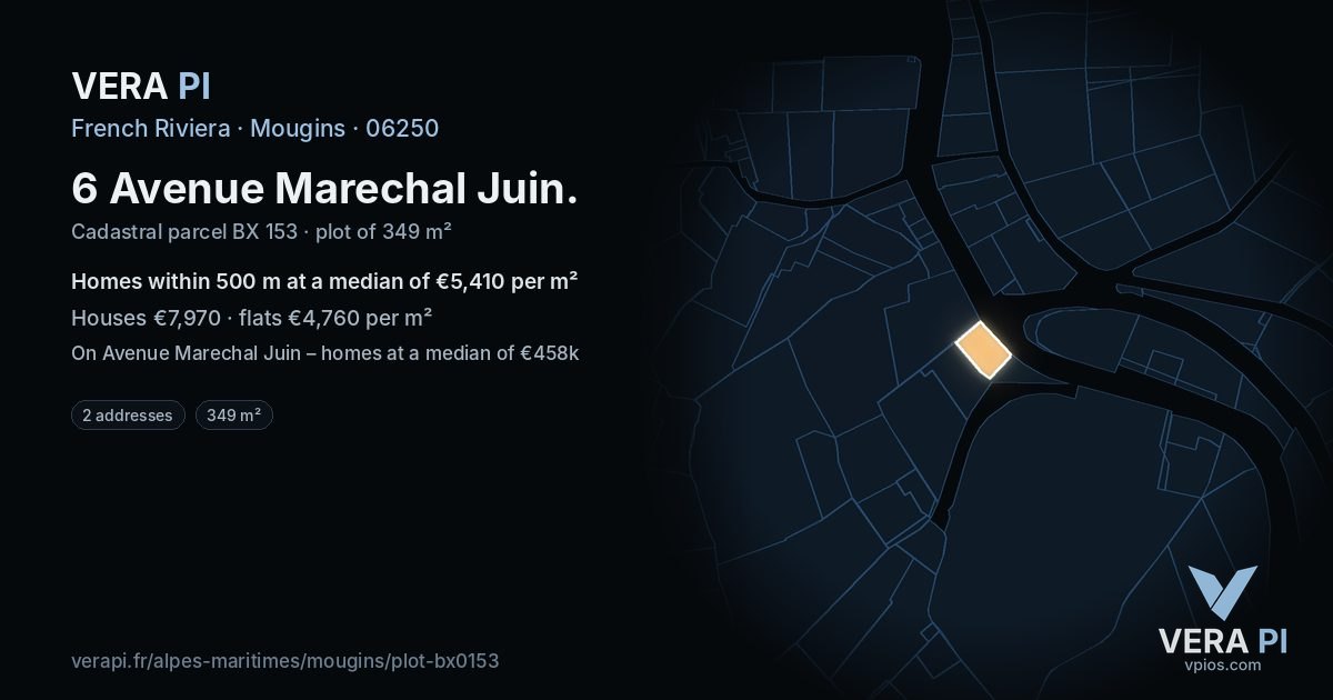 6 Avenue Marechal Juin, Mougins at night – the plot lit, the parcels around coloured by the prices near them