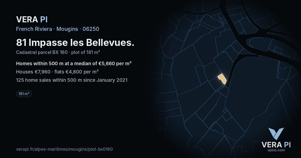 81 Impasse les Bellevues, Mougins at night – the plot lit, the parcels around coloured by the prices near them