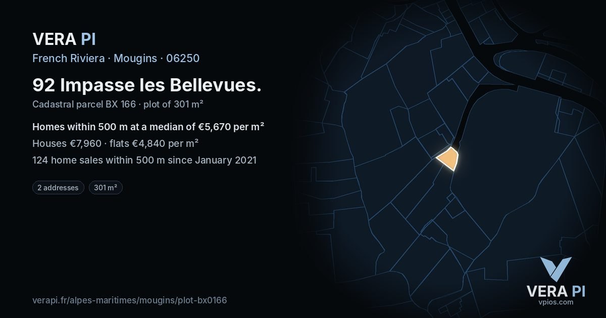 92 Impasse les Bellevues, Mougins at night – the plot lit, the parcels around coloured by the prices near them