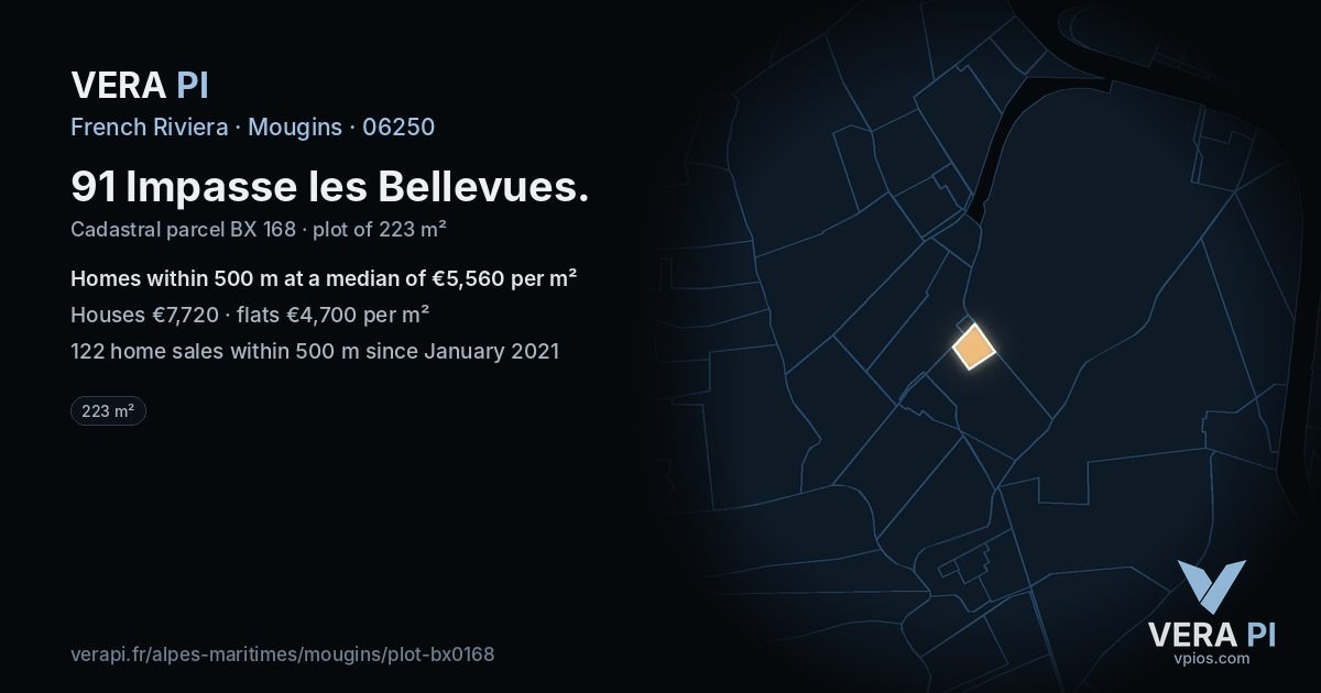 91 Impasse les Bellevues, Mougins at night – the plot lit, the parcels around coloured by the prices near them