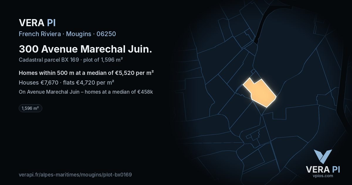 300 Avenue Marechal Juin, Mougins at night – the plot lit, the parcels around coloured by the prices near them