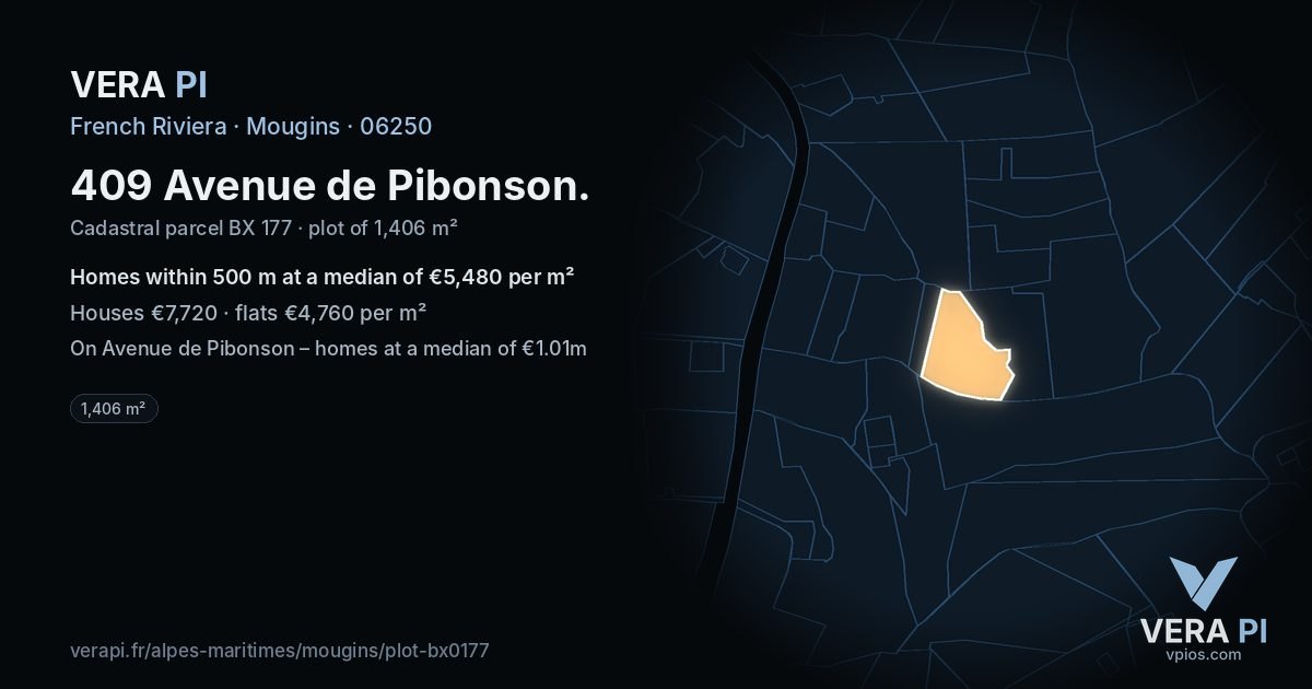 409 Avenue de Pibonson, Mougins at night – the plot lit, the parcels around coloured by the prices near them