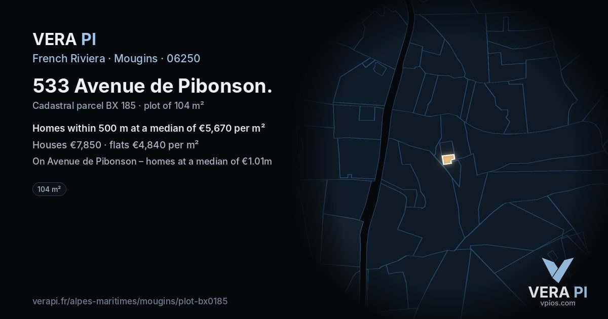 533 Avenue de Pibonson, Mougins at night – the plot lit, the parcels around coloured by the prices near them