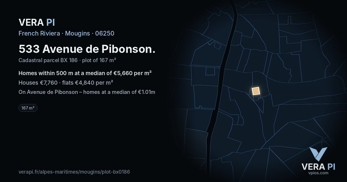 533 Avenue de Pibonson, Mougins at night – the plot lit, the parcels around coloured by the prices near them