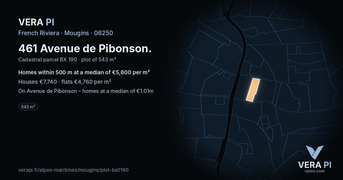 461 Avenue de Pibonson, Mougins at night – the plot lit, the parcels around coloured by the prices near them