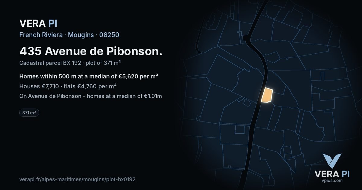 435 Avenue de Pibonson, Mougins at night – the plot lit, the parcels around coloured by the prices near them